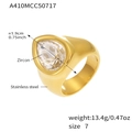 Detailed view of 18K gold plated stainless steel ring with teardrop zircon and dimensions - US 7 / Gold White Zirconia