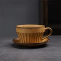 Japanese retro ceramic coffee cup and saucer set with ribbed design in yellow brown - 272 Warm Brown Series (cup + Saucer - Short Vertical Stripe) 330ml / Universal