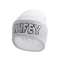 Close-up of white knit beanie featuring detailed WIFEY plush embroidery and texture - White