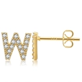 Detailed view of gold-plated W-shaped letter earring with zircon and 925 silver hallmark - Style W