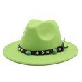 Detailed view of neon green felt hat with black leather belt and turquoise gemstone accents - M (56-58cm) / Fruit Green