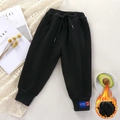 Kids black fleece lined joggers with elastic drawstring waist and ribbed cuffs for winter - Black / 80