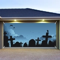 Halloween garage door banner with graveyard silhouette and bats on blue night sky - 100cmx70cm / Blue Cemetery Silhouette Style (WS097)