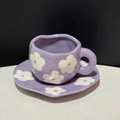 Hand-painted purple ceramic coffee cup and saucer with white daisy patterns and wavy edges - 250ML / Purple Floral