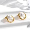 French vintage gold twisted oval pearl stud earrings on minimalist display stand - ER-659 / Gold