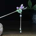 Klassische chinesische Haarnadel mit lila Libelle, Blume und langer silberner Quaste - Silber Lila Libelle Jadering Quaste (0592)
