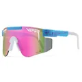 Sports cycling glasses with teal splatter frame and gradient pink mirror lens - Pink Orange Mirrored Lens - Purple Splatter Cyan Frame (C36)