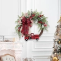 Christmas wreath with a red truck, pine needles and Merry Christmas plaid bow - Large Red 3D Truck Style
