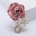 Pink fabric rose brooch with white pearls and gold crystal leaves for wedding dresses - Pink