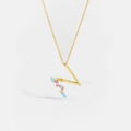 Close-up of golden letter V pendant featuring vibrant colorful rectangular gemstones - 925 Silver / Letter N