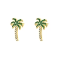 Golden coconut tree stud earrings with green and white crystals on a white background - Gold Coconut Tree