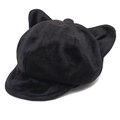 Detail of cute cat ear design on black suede beret cap with premium matte texture - M (56-58cm) / Black
