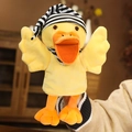 Yellow duck plush hand puppet with striped hat and scarf for role-play storytelling - 28cm / Yellow Duck