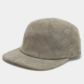 Detailed texture of neutral taupe faux suede on a 5-panel camper cap with metal side eyelets - Adjustable / Light Gray
