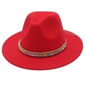 Detail of red fedora hat with colorful handmade bead chain and sparkling rhinestones - M(56-58cm) / Red