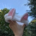 Plush white cat ear headband with pink accents for face washing and skincare - White