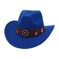 Detail of royal blue western cowboy hat with floral embroidery and metallic flower ornament - Royal Blue (Pink Flower Leather Band)