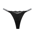 Sexy black lace thong for women with sparkling rhinestone side straps and silky trim - Black