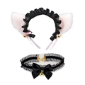 Detail of black cat ear headband and pink bell collar set for cosplay costumes - White Cat Ears with Black Lace + Lace Choker