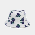 Close-up of soft white fleece bucket hat with purple and green floral embroidery details - M(56-58cm) / Purple Floral (Color 1)