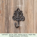European vintage cast iron fleur-de-lis wall hook with a rustic matte black finish - Leaf Hook C-F2670