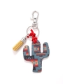 Ethnic pattern cactus wooden keychain with yellow tassel and silver lobster clasp - Blue Ethnic Pattern Cactus/Yellow Tassel