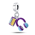 Close-up of silver-tone headphone and purple cassette tape charms with colorful details - PAC801-Earphone & Cassette Tape Bead