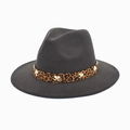 Detail of leopard print band with gold cross studs on gray felt fedora hat - M (56-58cm) / Dark Gray