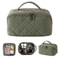 Detail view of large olive green quilted makeup bag with internal dividers and zip pouch - Green (Main Bag And Transparent Pouch)