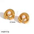 Detailed view of gold curved earrings with white round pearls, size 17.5mm, weight 5.5g - Pearl Earrings (TE60664-PL)