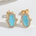 Golden Hamsa Hand stud earring with light blue enamel and sparkling white zircons - Gold Blue Hamsa Hand