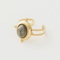 Macro view of vintage gold ring featuring a grey oval stone and milgrain beaded details - Adjustable Open / Light Gray