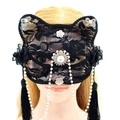 Elegant black lace cat ear mask with hanging white pearls and tassels for cosplay party - Tassel Lace Trending Cat Mask