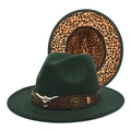 Detail of dark green wool fedora with bull head metal accent and leopard print brim bottom - M (56-58cm) / Dark Green