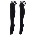 Detailed knit texture of black over-knee socks featuring classic white triple stripes - One Size / Black with White Stripes