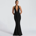 Elegant black deep V-neck halter maxi dress with pleated fish-tail design and open back style - S / Black