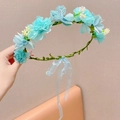 Adjustable light blue flower headband for girls featuring realistic silk roses and ribbons - Flower Garland / Cyan
