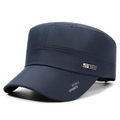 Men's navy blue flat top cadet cap with white sports lettering and side metal emblem - Adjustable / Navy Blue