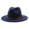 Classic dark navy wool fedora hat with brown leather belt and metallic buckle detail - One Size 58cm Circumference / Navy Blue