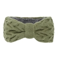 Detail van de olijfgroene gebreide hoofdband met warme grijze fleece voering - Licht Legergroen