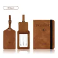 Brown PU leather travel set with elastic strap passport cover and two luggage tags - Set / Brown