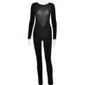 Eleganter schwarzer langärmeliger rückenfreier Jumpsuit aus schimmerndem Stretch-Stoff - L / Schwarz