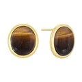 Pendientes de piedra ojo de tigre retro con bordes de metal bañados en oro pulido - Pendientes de botón de ojo de tigre dorados