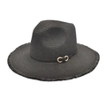 Foldable black straw sun hat with frayed brim and gold buckle leather band - Black