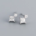 S925 silver square zircon stud earrings with princess cut geometry and polished finish - Platinum (White Stone)