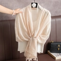 Elegant beige cotton linen scarf with white patterns and delicate fringe details - Light Beige