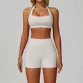 Crèmewit yoga-set met hoge taille short en halter sportbeha voor fitness - S / BH Stijl 1 + Shorts / Beige