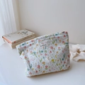 Floral cotton cosmetic bag in cream white with a zipper closure and simple wish label - Cut-flower Branch Pattern White Base