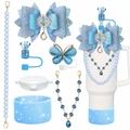 Set di accessori blu per tazza Stanley con fiocco glitterato e catena di perle fini - Blu