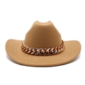Khaki wool felt fedora hat for men and women featuring a bold gold chain band detail - M(56-58cm) / Camel